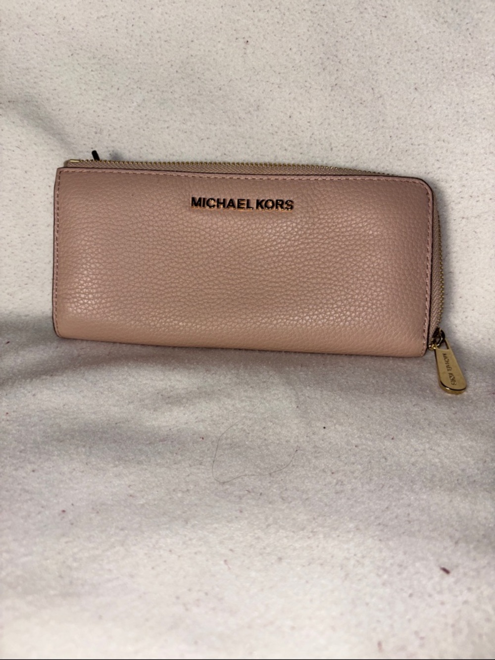 Michael Kors Nude Blush Pebbled Leather Zip Wallet with Gold Hardware